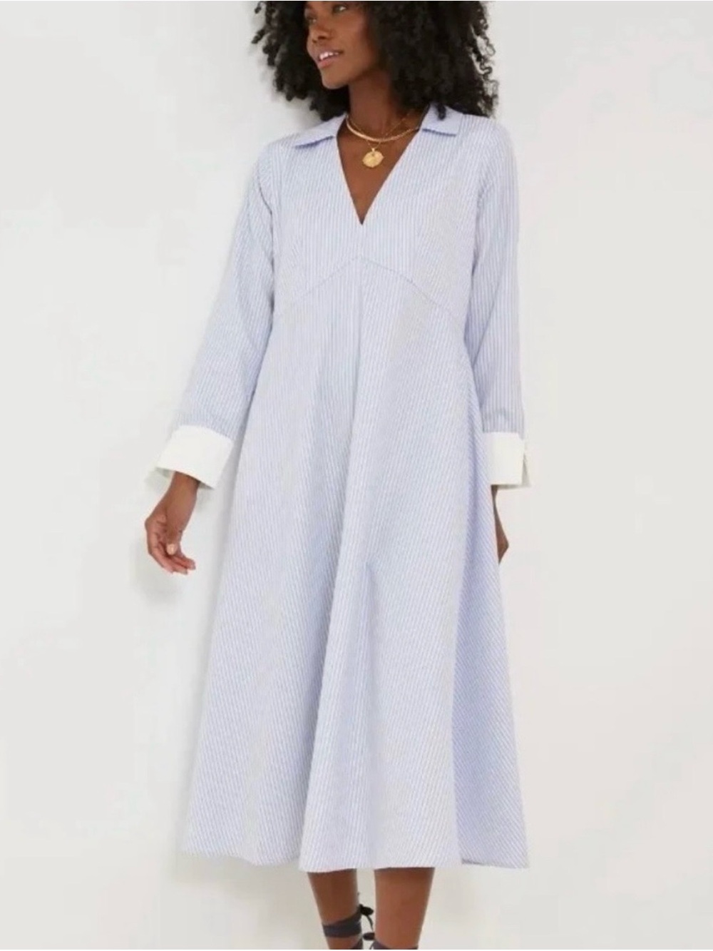 Pomander Place Corrine Light Blue Striped Midi Dress I with White French Cuffs